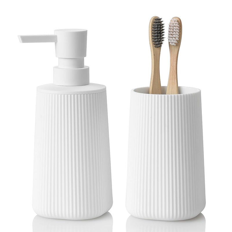 YAUKPH Bathroom Accessories 2 Piece Soap Dispenser and Toothbrush Holder Set Striped White - Image 1